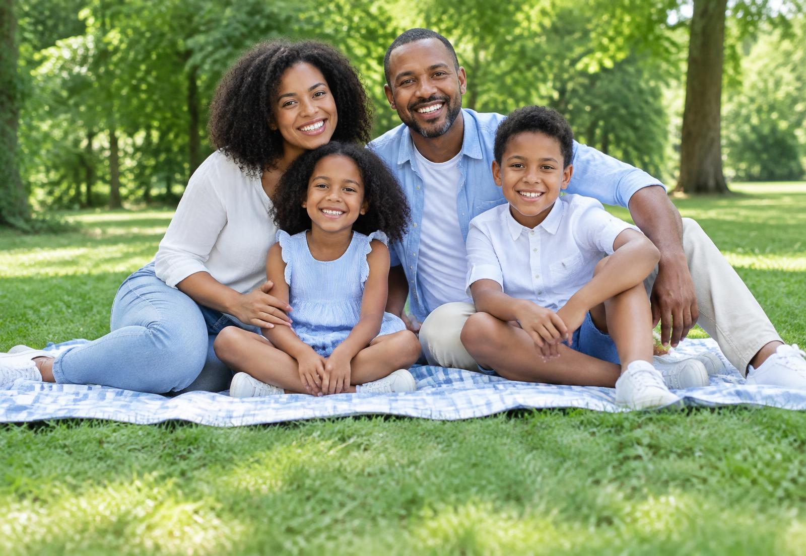 Parents and their two children enjoying a picnic in a green park